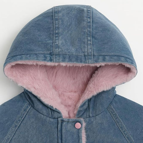 Girls Winter  Fur-Lined Hooded Denim Jacket