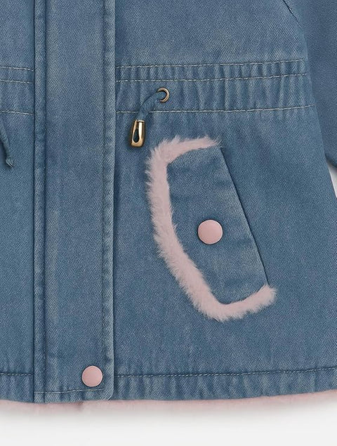 Girls Winter  Fur-Lined Hooded Denim Jacket