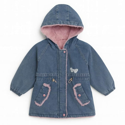 Girls Winter  Fur-Lined Hooded Denim Jacket