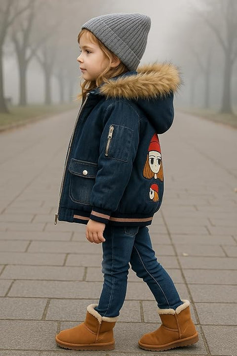 Girls Winter Fur-Lined Hooded Cartoon Print Back Stylish Denim Jacket