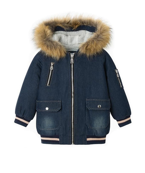 Girls Winter Fur-Lined Hooded Cartoon Print Back Stylish Denim Jacket