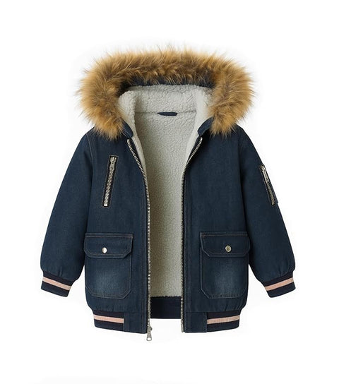 Girls Winter Fur-Lined Hooded Cartoon Print Back Stylish Denim Jacket