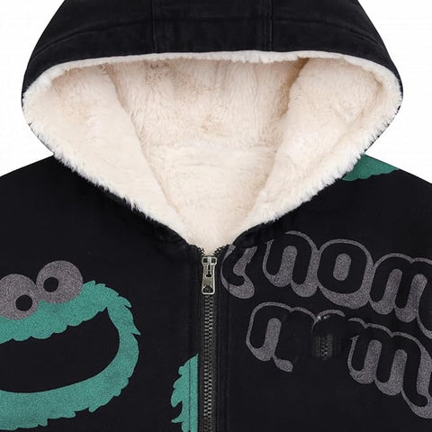 Kids Black Denim Hoodie Jacket with Fur Lining & Cartoon Monster Print