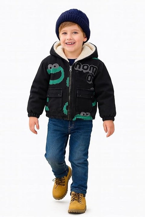Kids Black Denim Hoodie Jacket with Fur Lining & Cartoon Monster Print