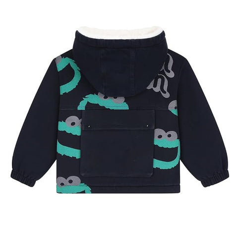 Kids Black Denim Hoodie Jacket with Fur Lining & Cartoon Monster Print