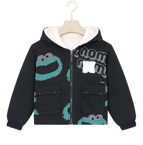Kids Black Denim Hoodie Jacket with Fur Lining & Cartoon Monster Print