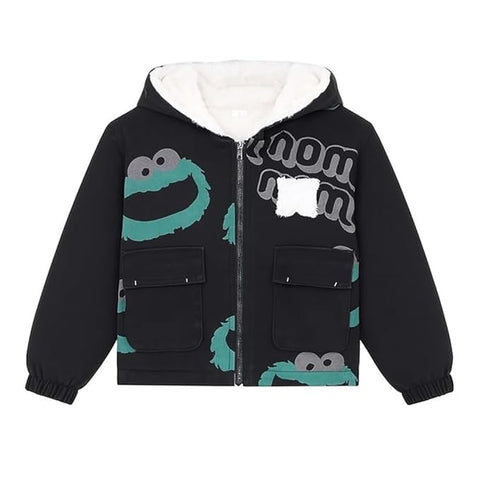 Kids Black Denim Hoodie Jacket with Fur Lining & Cartoon Monster Print