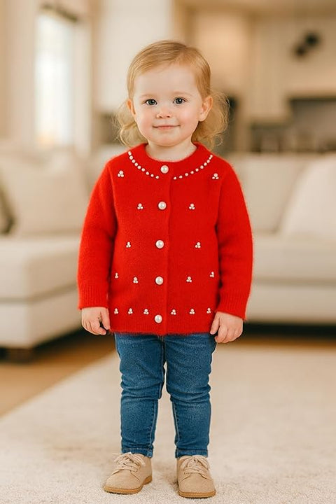 Girls Soft Knit Winter Cardigan Sweater with Pearl Buttons