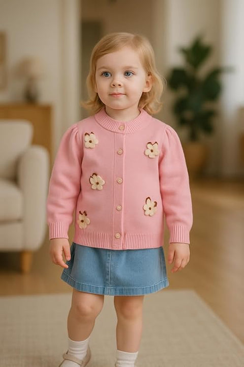 Girls Winter Warm Wool Flower Embroidery Cardigan Sweater