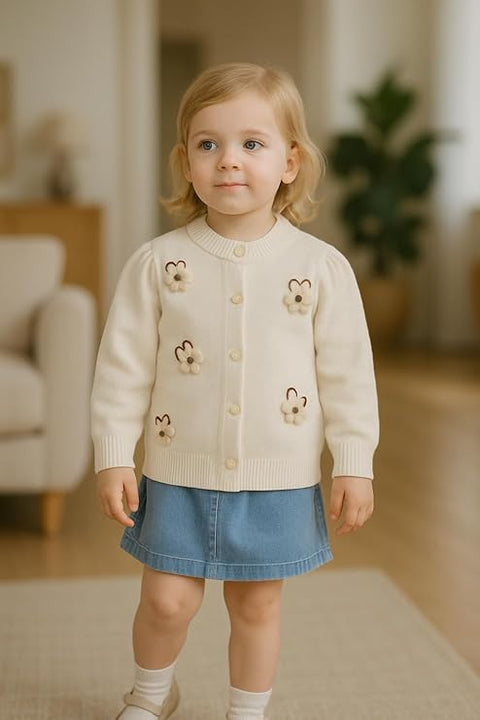 Girls Winter Warm Wool Flower Embroidery Cardigan Sweater