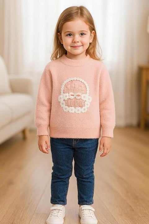 Girls Flower Basket Woolen Warm Party Kids Sweater Pullover