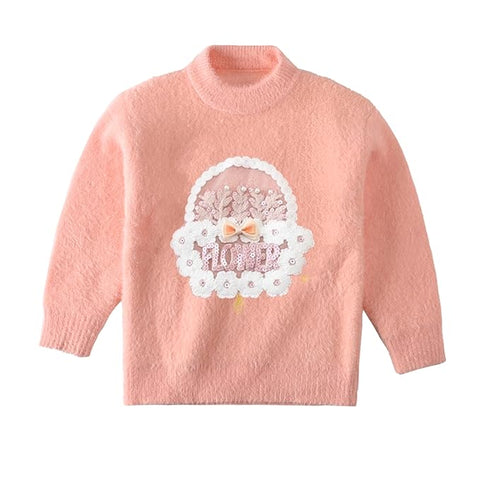 Girls Flower Basket Woolen Warm Party Kids Sweater Pullover