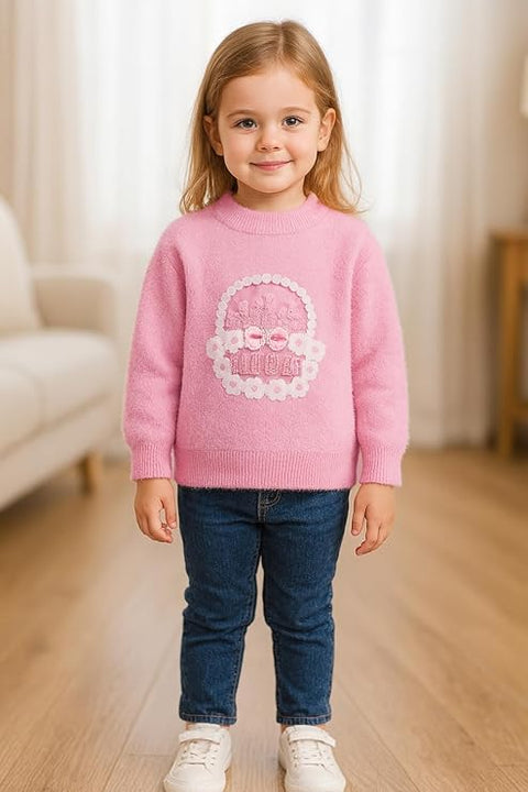 Girls Flower Basket Woolen Warm Party Kids Sweater Pullover