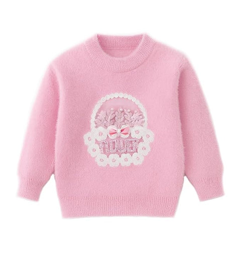 Girls Flower Basket Woolen Warm Party Kids Sweater Pullover