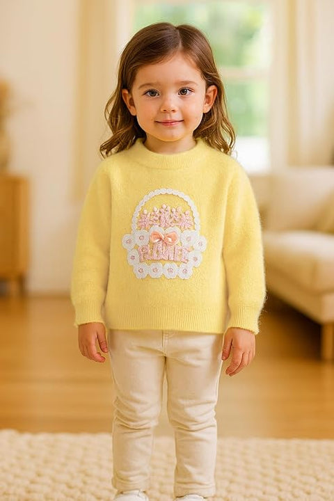 Girls Flower Basket Woolen Warm Party Kids Sweater Pullover