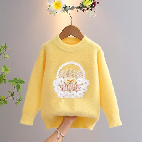 Girls Flower Basket Woolen Warm Party Kids Sweater Pullover