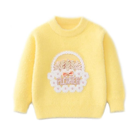 Girls Flower Basket Woolen Warm Party Kids Sweater Pullover