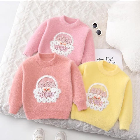 Girls Flower Basket Woolen Warm Party Kids Sweater Pullover