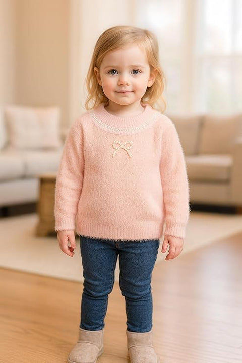 Girls Woolen Pearl Bow Design Party Sweater with Embellished Neckline