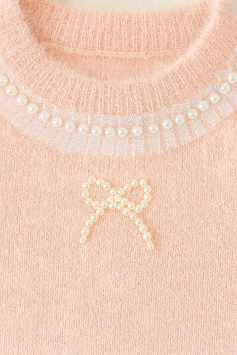 Girls Woolen Pearl Bow Design Party Sweater with Embellished Neckline