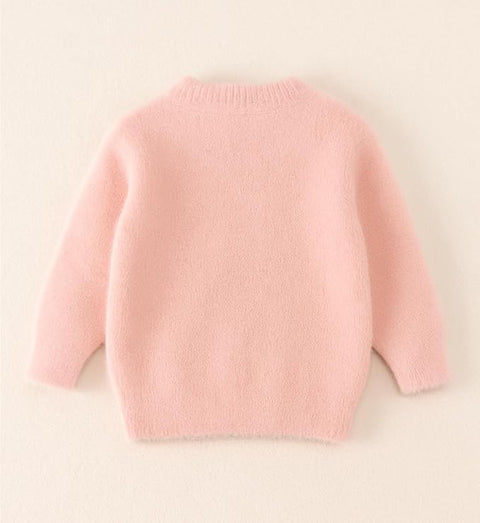 Girls Woolen Pearl Bow Design Party Sweater with Embellished Neckline