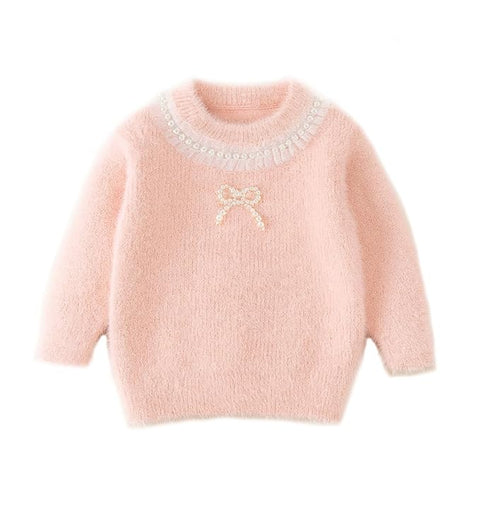 Girls Woolen Pearl Bow Design Party Sweater with Embellished Neckline