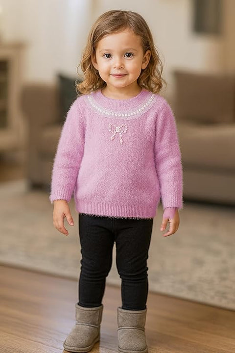 Girls Woolen Pearl Bow Design Party Sweater with Embellished Neckline