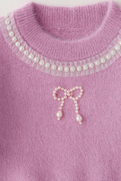 Girls Woolen Pearl Bow Design Party Sweater with Embellished Neckline