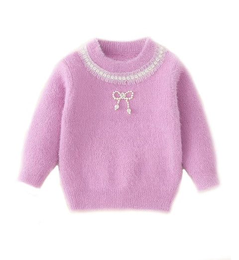 Girls Woolen Pearl Bow Design Party Sweater with Embellished Neckline