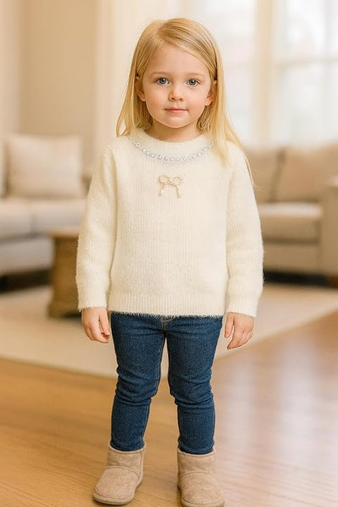 Girls Woolen Pearl Bow Design Party Sweater with Embellished Neckline