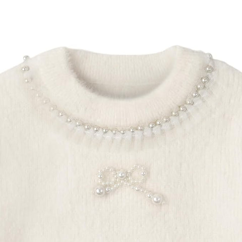 Girls Woolen Pearl Bow Design Party Sweater with Embellished Neckline