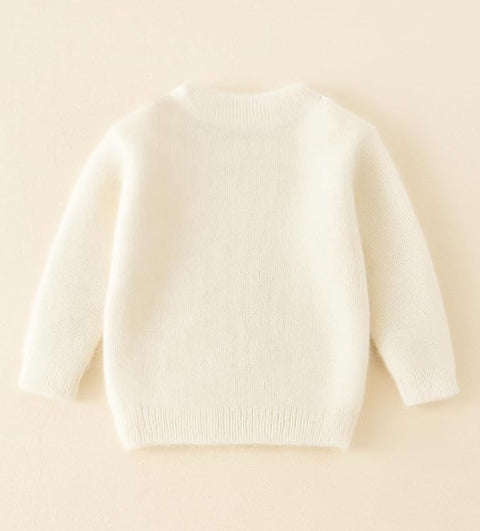 Girls Woolen Pearl Bow Design Party Sweater with Embellished Neckline