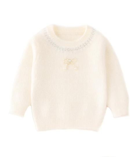 Girls Woolen Pearl Bow Design Party Sweater with Embellished Neckline