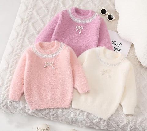 Girls Woolen Pearl Bow Design Party Sweater with Embellished Neckline
