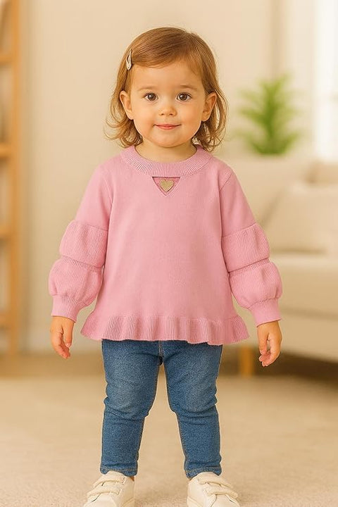 Girls Knitted Winter Warm Party Sweater Top with Heart Pendant & Balloon Sleeve