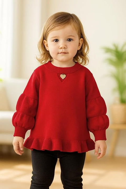 Girls Knitted Winter Warm Party Sweater Top with Heart Pendant & Balloon Sleeve