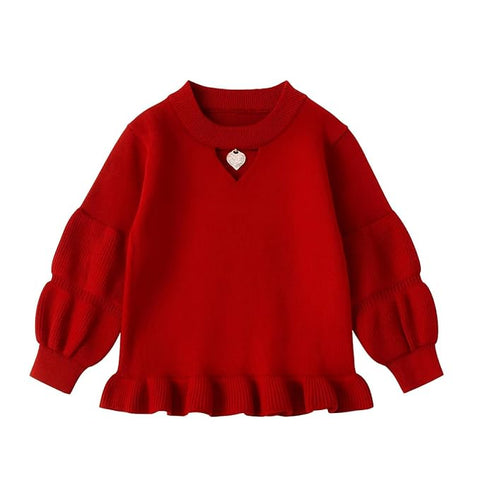 Girls Knitted Winter Warm Party Sweater Top with Heart Pendant & Balloon Sleeve