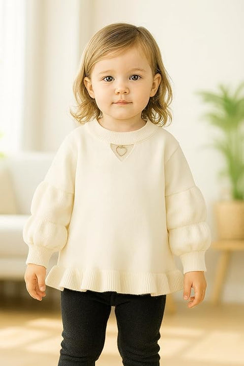 Girls Knitted Winter Warm Party Sweater Top with Heart Pendant & Balloon Sleeve