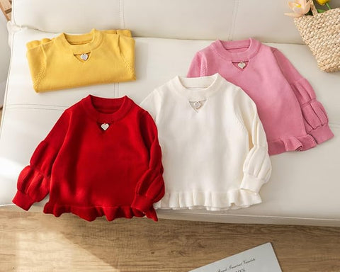 Girls Knitted Winter Warm Party Sweater Top with Heart Pendant & Balloon Sleeve