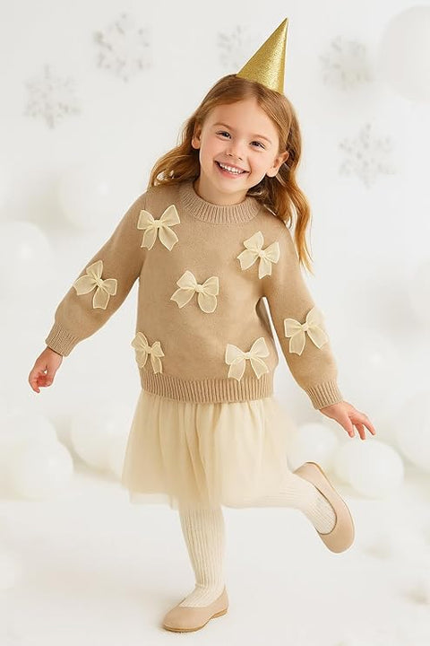 Girls Winter Woolen Knit 3D Bow Girl Party Sweater Pullover