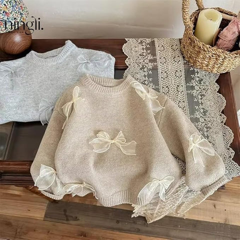 Girls Winter Woolen Knit 3D Bow Girl Party Sweater Pullover