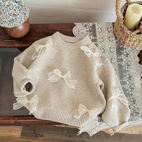 Girls Winter Woolen Knit 3D Bow Girl Party Sweater Pullover