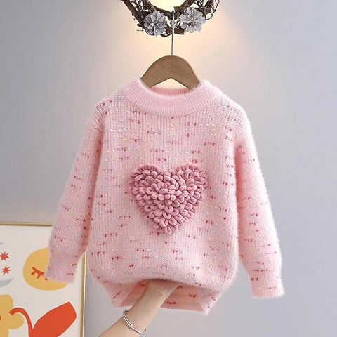 Girls Winter Woollen Knit 3D Heart Girl Party Sweater Pullover