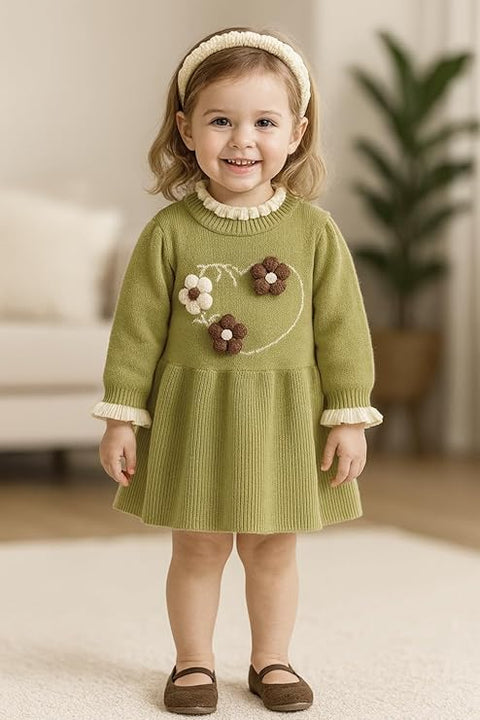 Girls Winter Woollen Warm Knit Full Sleeve Sweater Dress with 3D Flower Applique