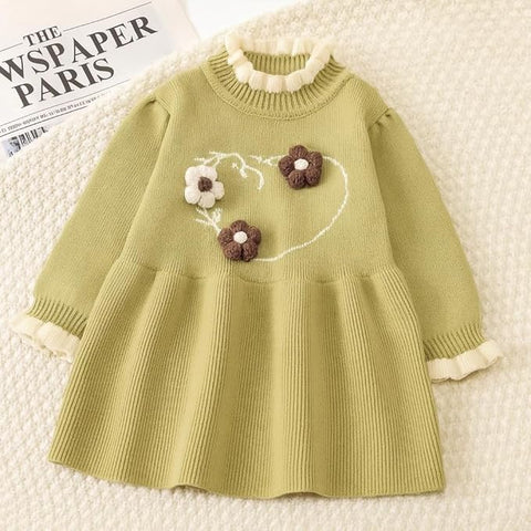 Girls Winter Woollen Warm Knit Full Sleeve Sweater Dress with 3D Flower Applique