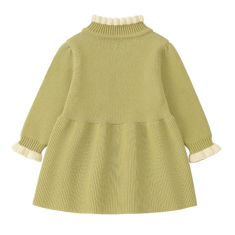 Girls Winter Woollen Warm Knit Full Sleeve Sweater Dress with 3D Flower Applique