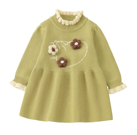 Girls Winter Woollen Warm Knit Full Sleeve Sweater Dress with 3D Flower Applique