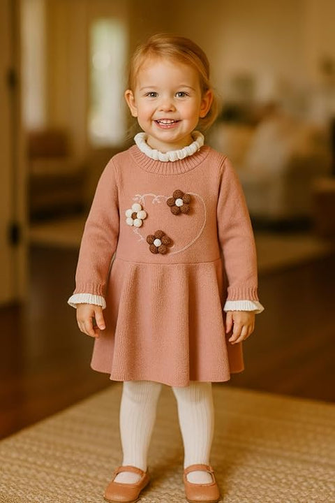 Girls Winter Woollen Warm Knit Full Sleeve Sweater Dress with 3D Flower Applique