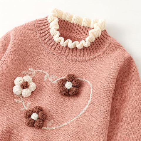 Girls Winter Woollen Warm Knit Full Sleeve Sweater Dress with 3D Flower Applique