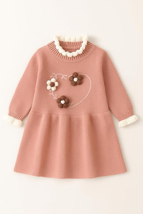 Girls Winter Woollen Warm Knit Full Sleeve Sweater Dress with 3D Flower Applique